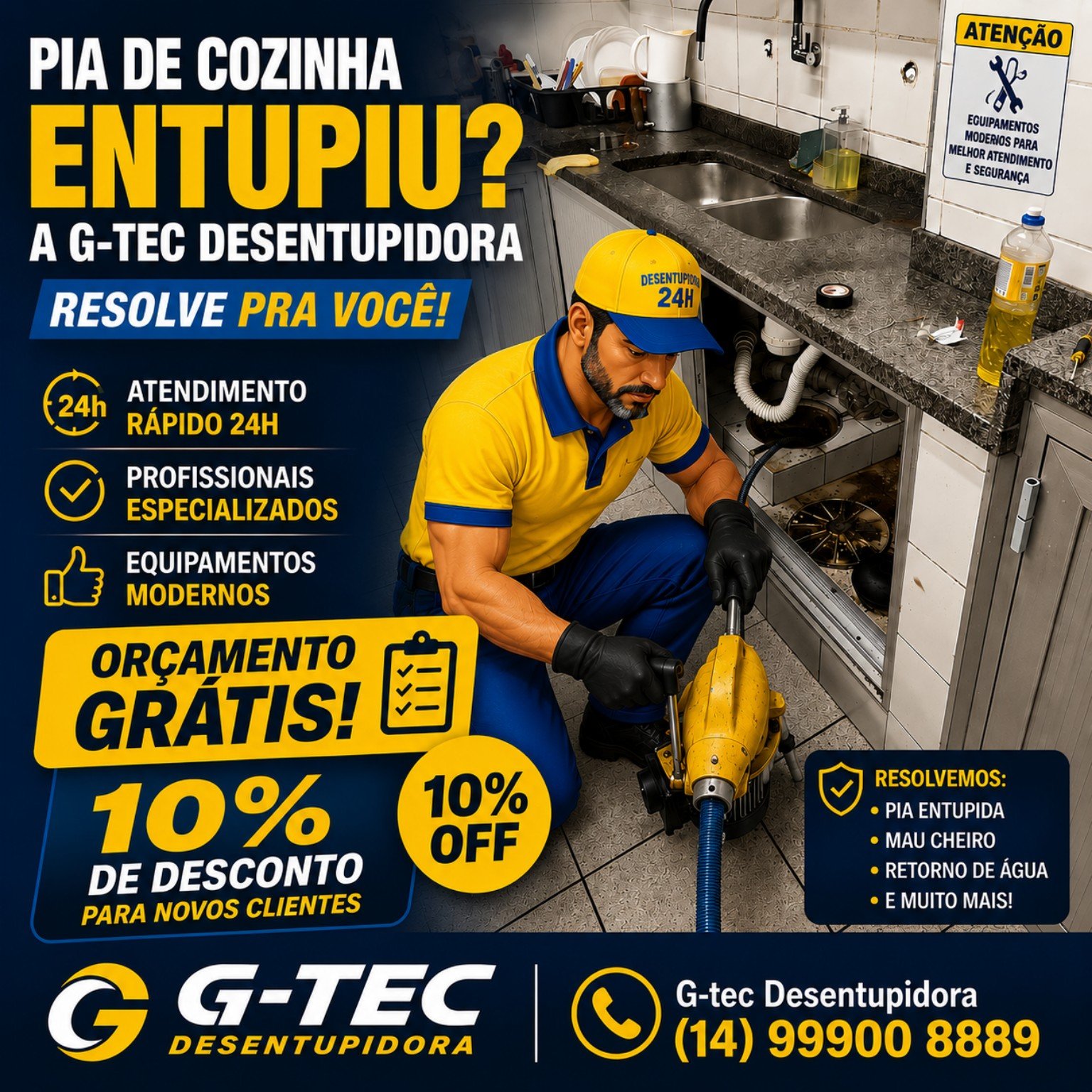 Desentupimento de pia de cozinha pela G-TEC Desentupidora